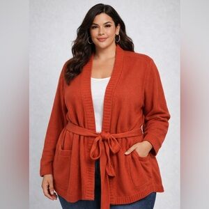 Lands End Burnt Orange Textured Knit Tie Front Cardigan Sweater 3X